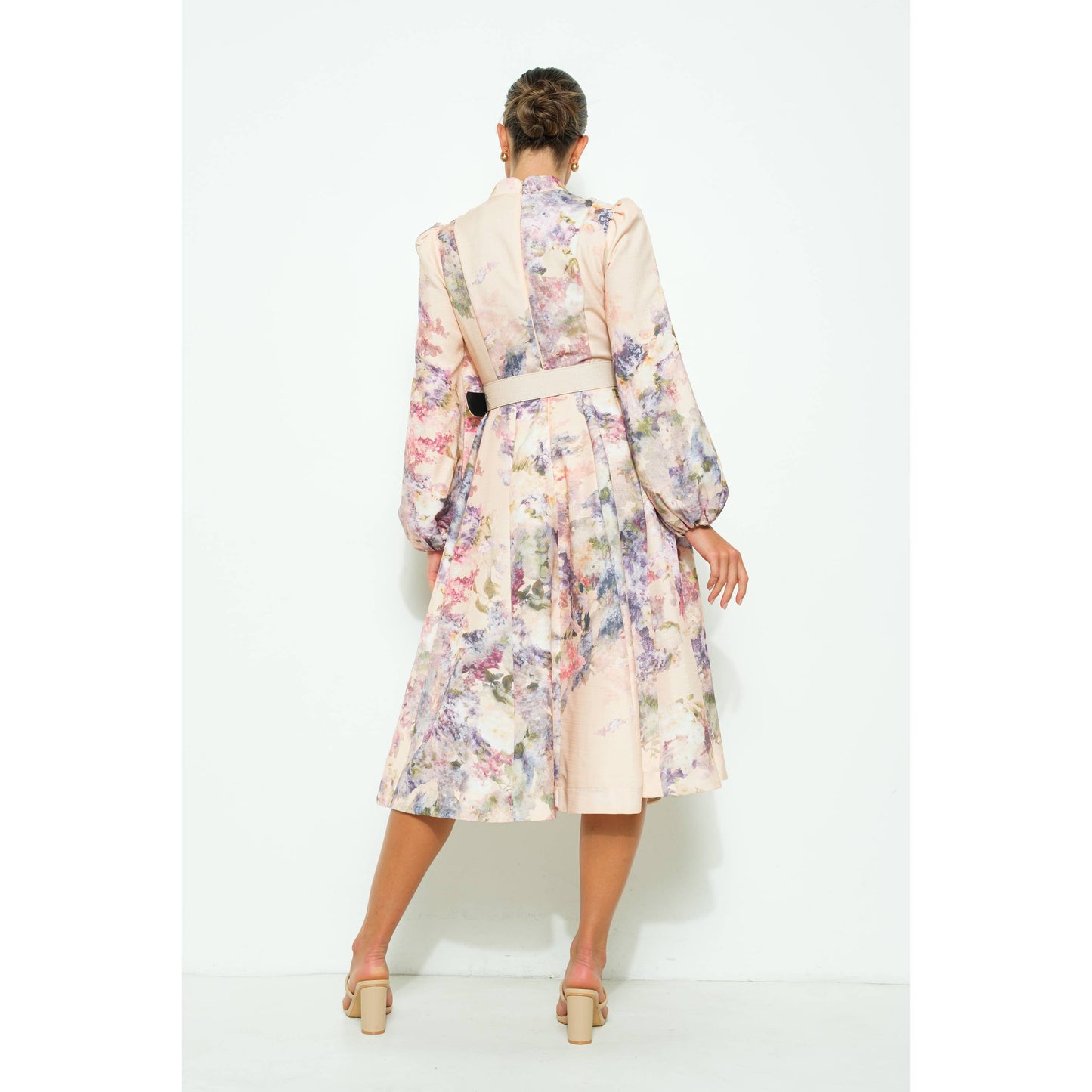 Long Sleeves Floral Print Belted-Waist Midi Dressy
