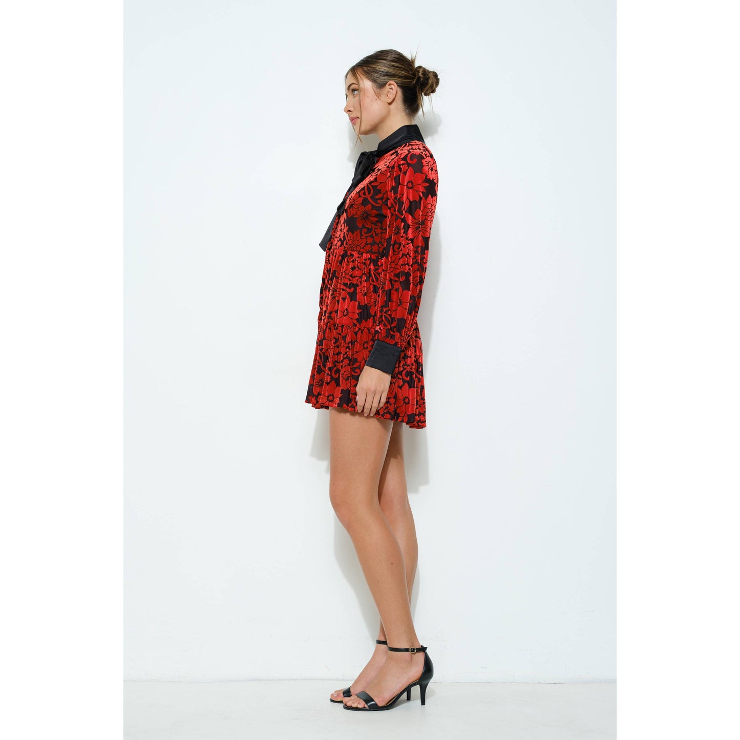 INA - Velvet Flower Burnout Satin Tie Mini Dress