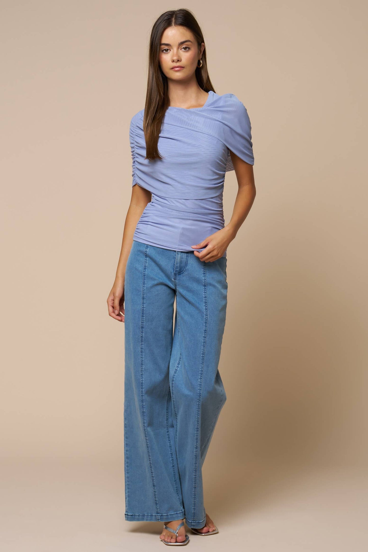 Lalavon - Asymmetrical Ruched Mesh Top - CHAMBRAY / M