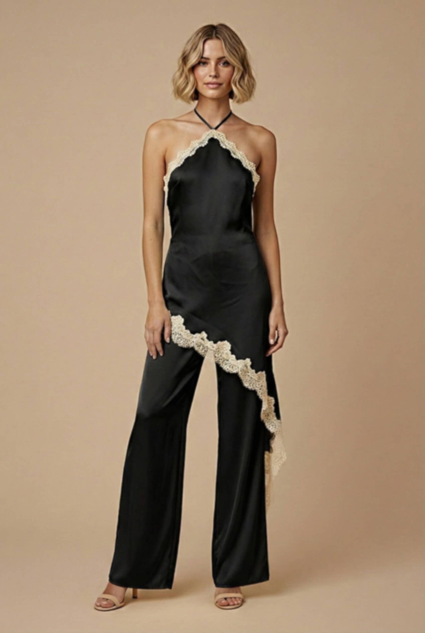SKYLAR ROSE - Satin Lace Halter Jumpsuit - LIGHT BLUE / S