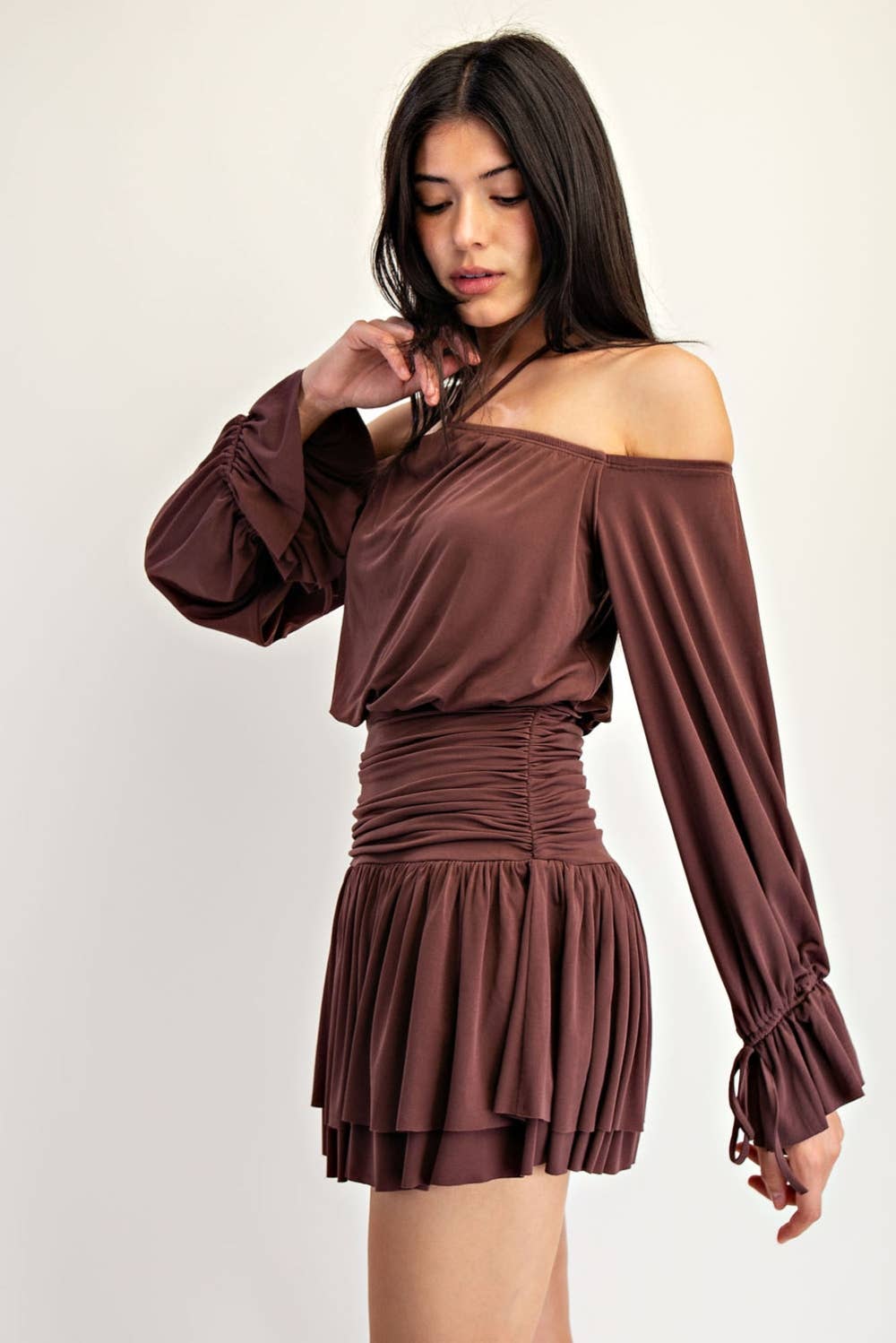 Edit by Nine - Off the Shoulder and Halter Neck Knit Ruffled Mini Dress