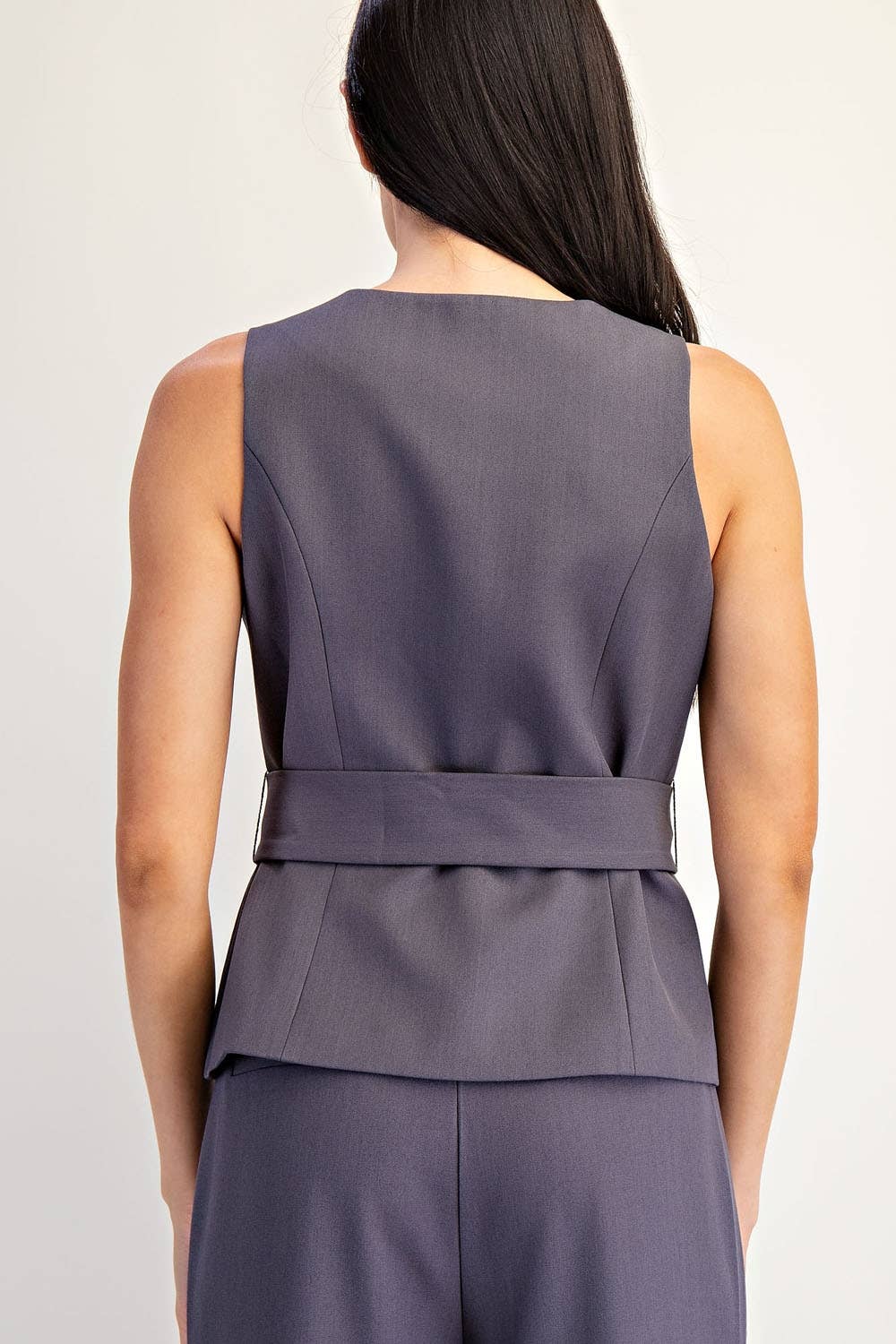 Sleeveless Belted Button Detail Woven Vest