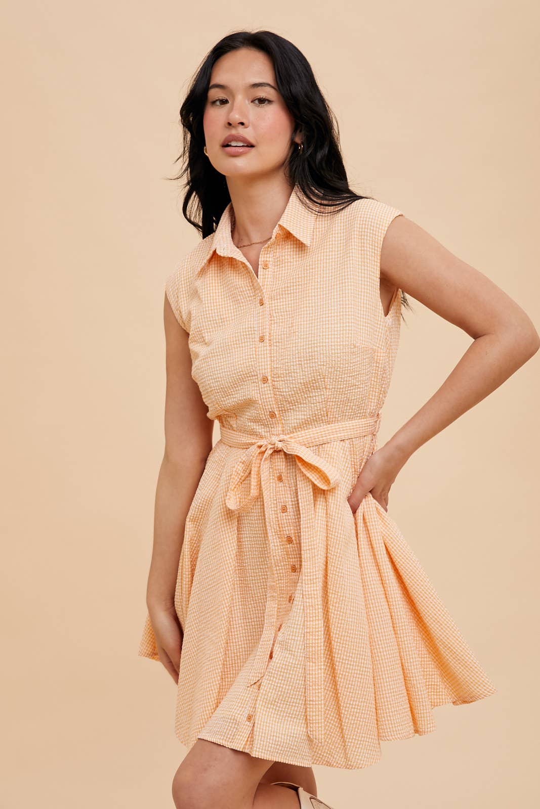 SEERSUCKER SLEEVELESS LAPEL MINI DRESS