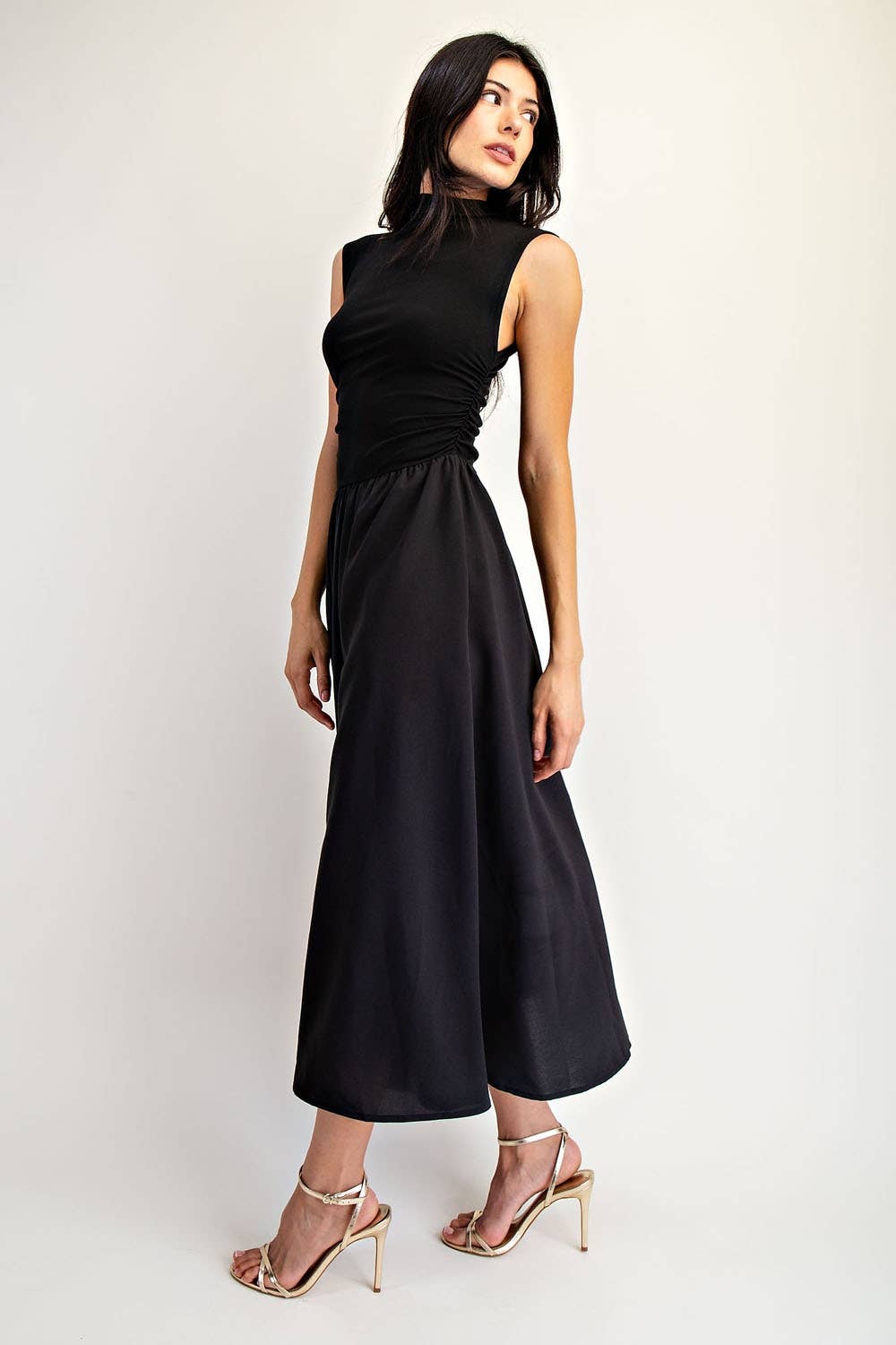 Sleeveless High Neck Ruched Midi Dress with Pockets