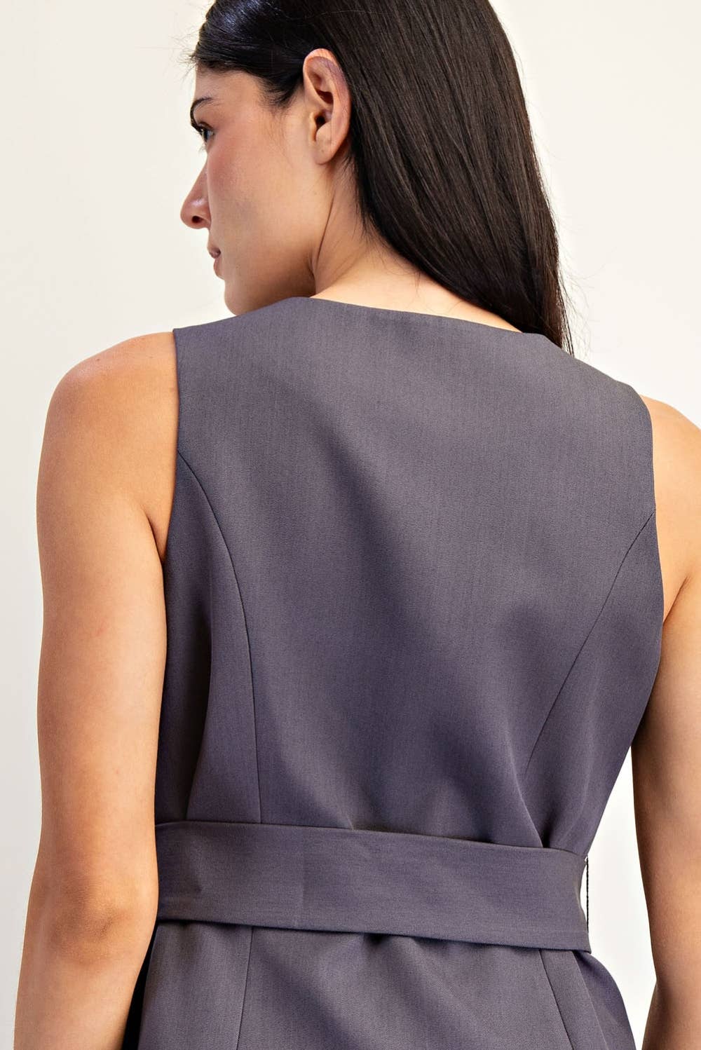 Sleeveless Belted Button Detail Woven Vest
