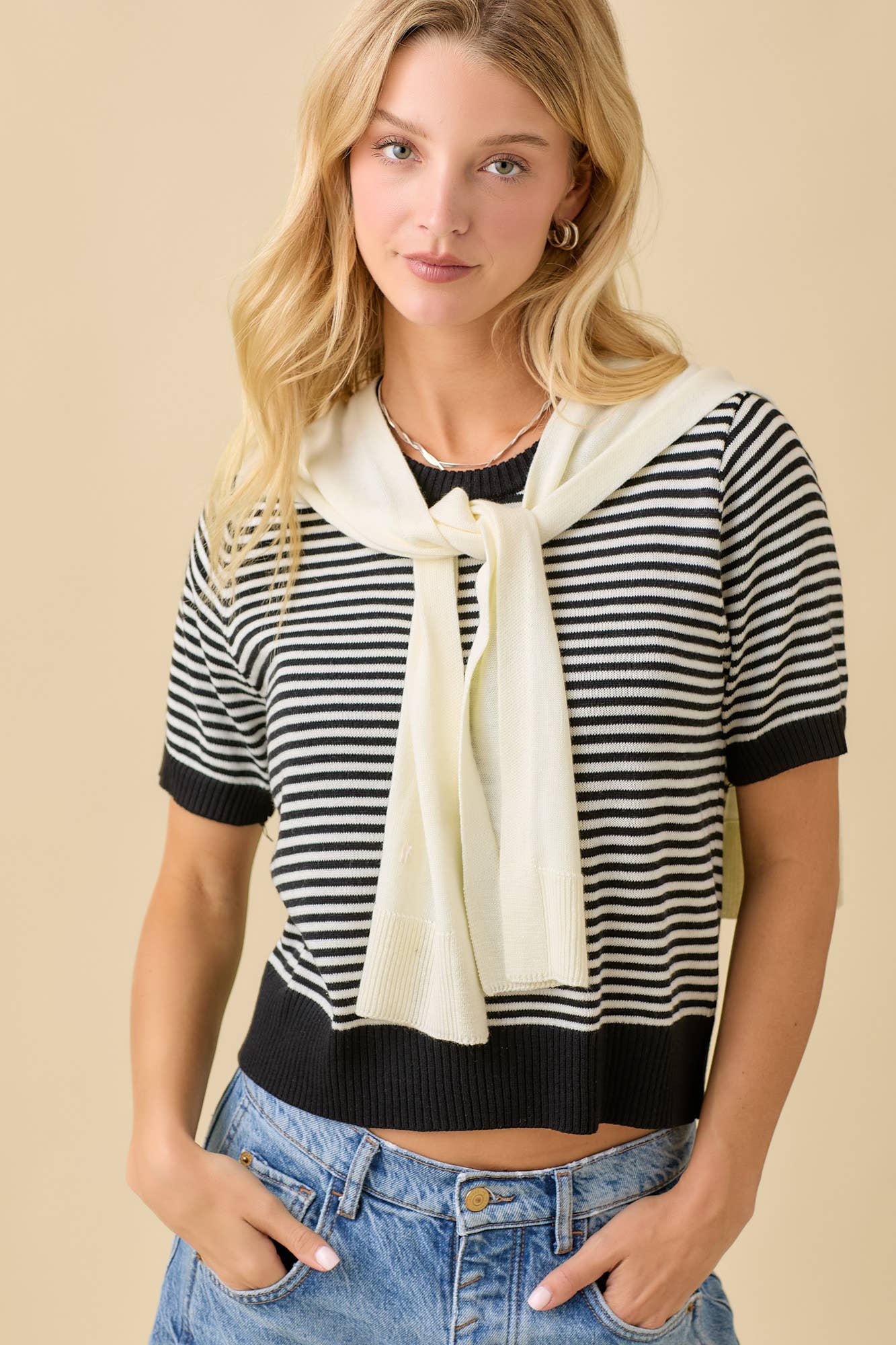 Main Strip - Sweater Shawl Wrap Set With Stripe Knit Top