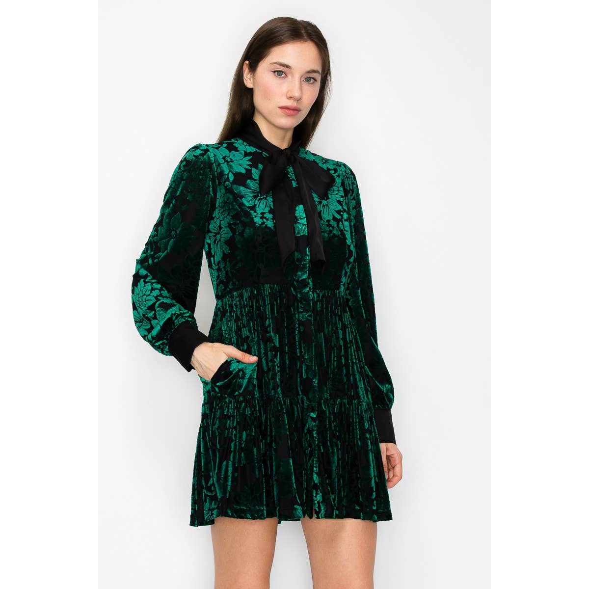INA - Velvet Flower Burnout Satin Tie Mini Dress