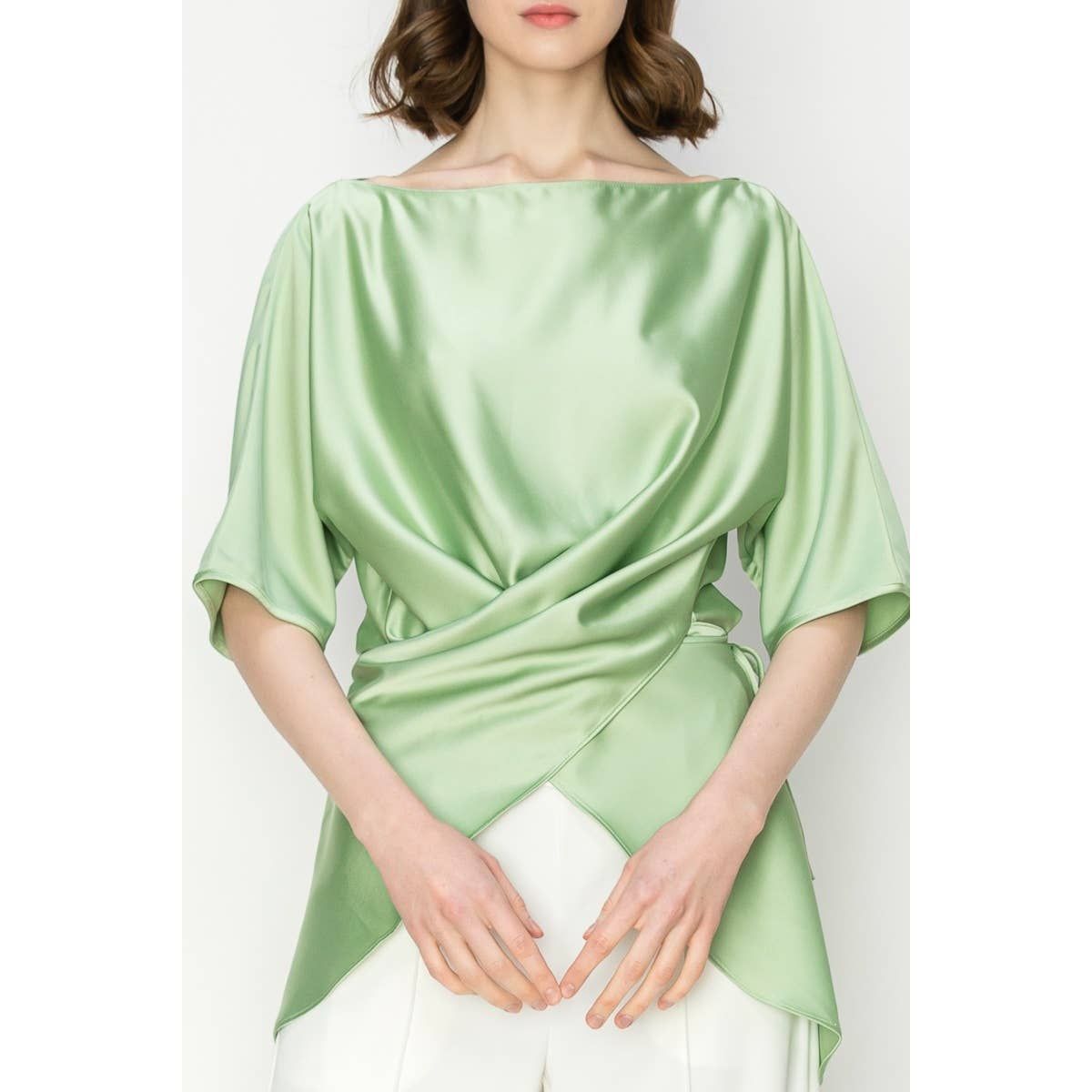 Satin Short Sleeve Side WrapTie Blouse