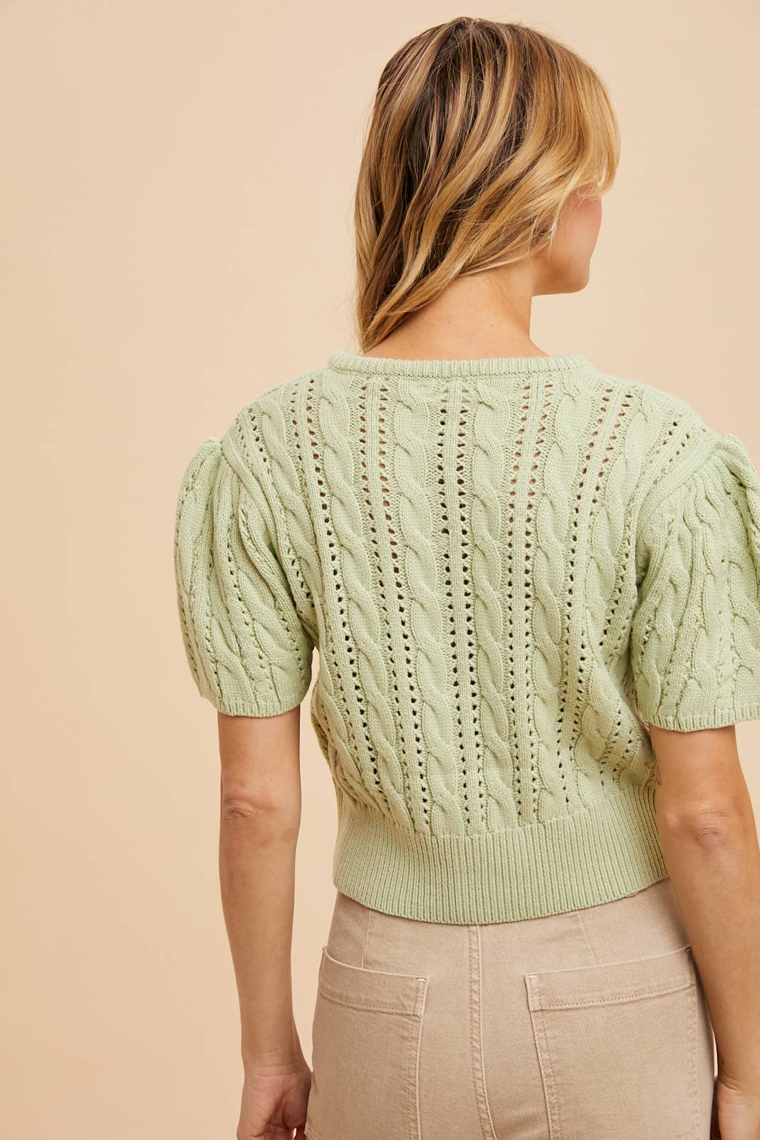 CABLE KNIT PUFF SLEEVE CARDIGAN