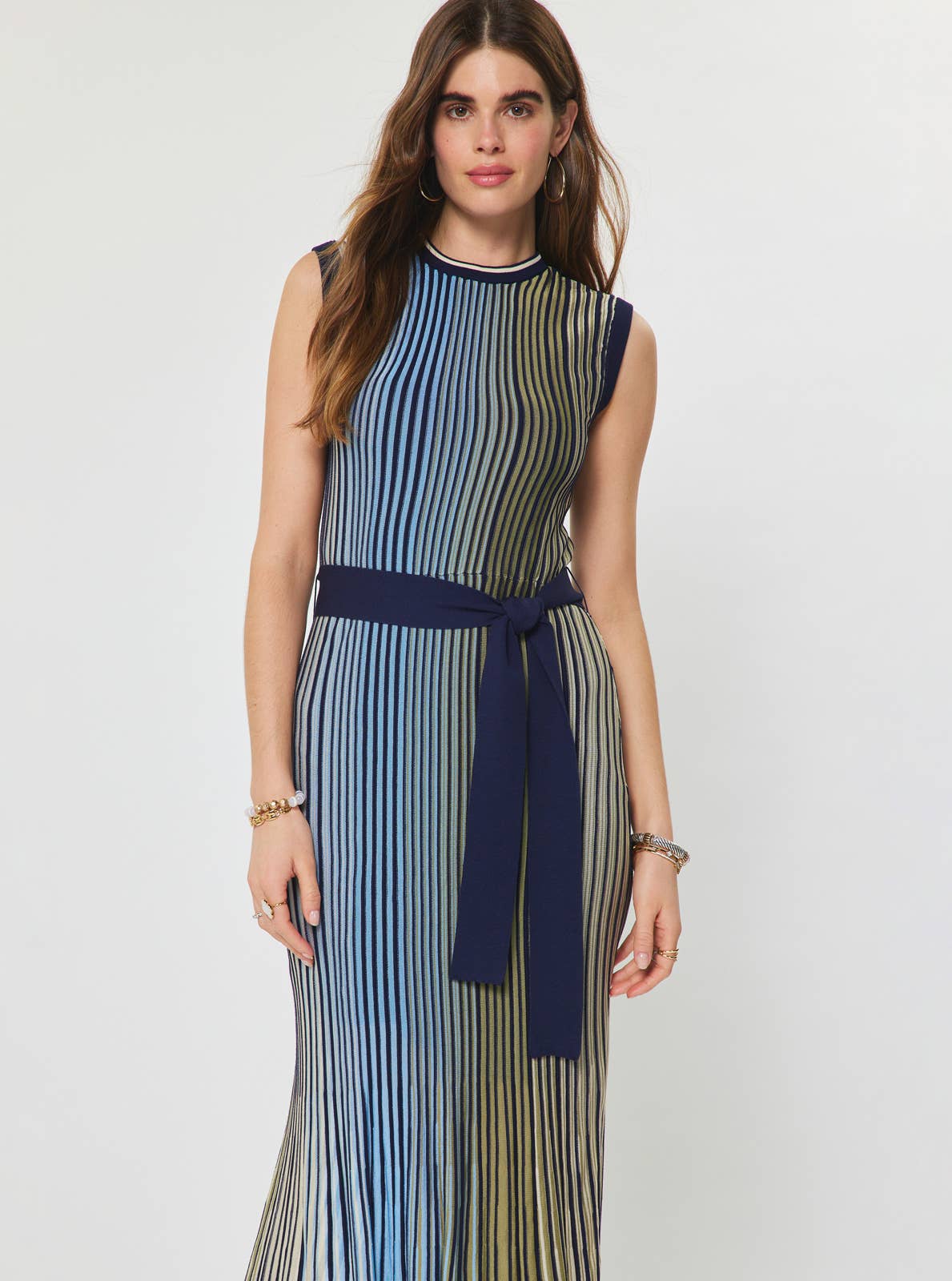 Current Air - Striped Knit Midi Dress - Green Blue Multi / XS
