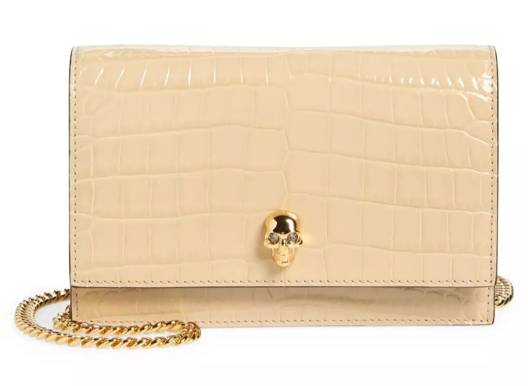 Alexander McQueen Mini Skull Croc Embossed Leather Crossbody Bag in Sand