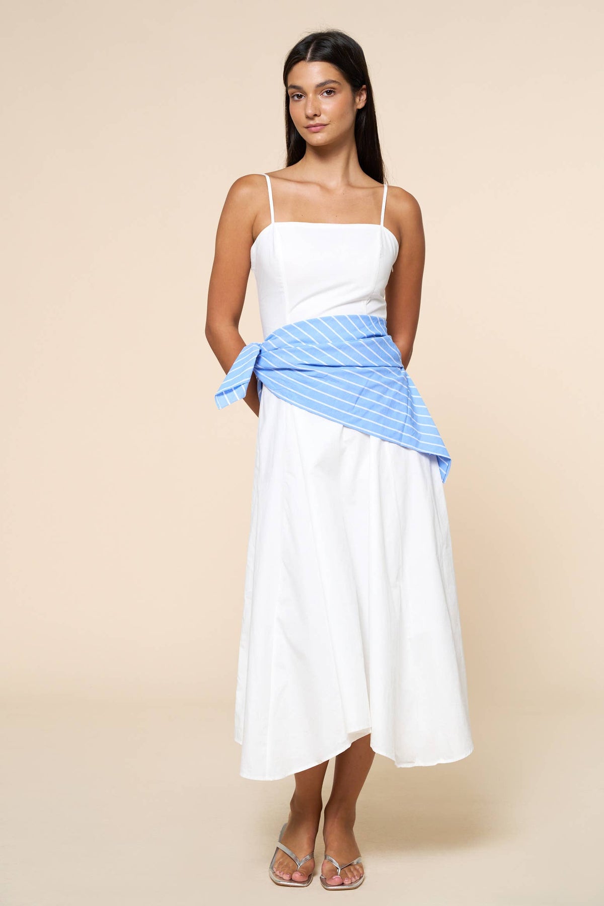 Lalavon - Stripe Waist Bandana Sleeveless Tie Maxi Dress  - OFF WHITE / S