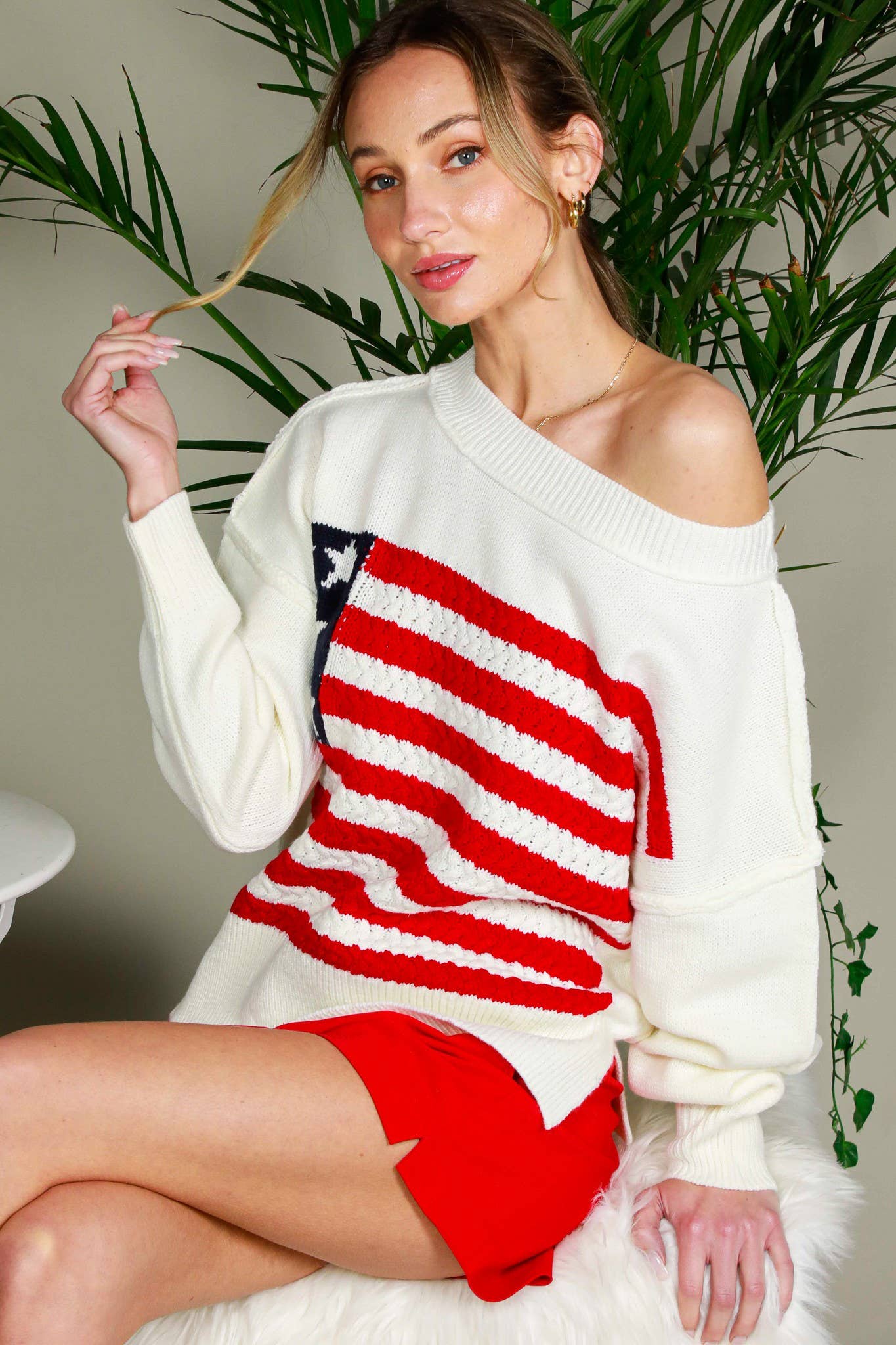 USA Flag Boat Neck Knit Sweater Top VT82059