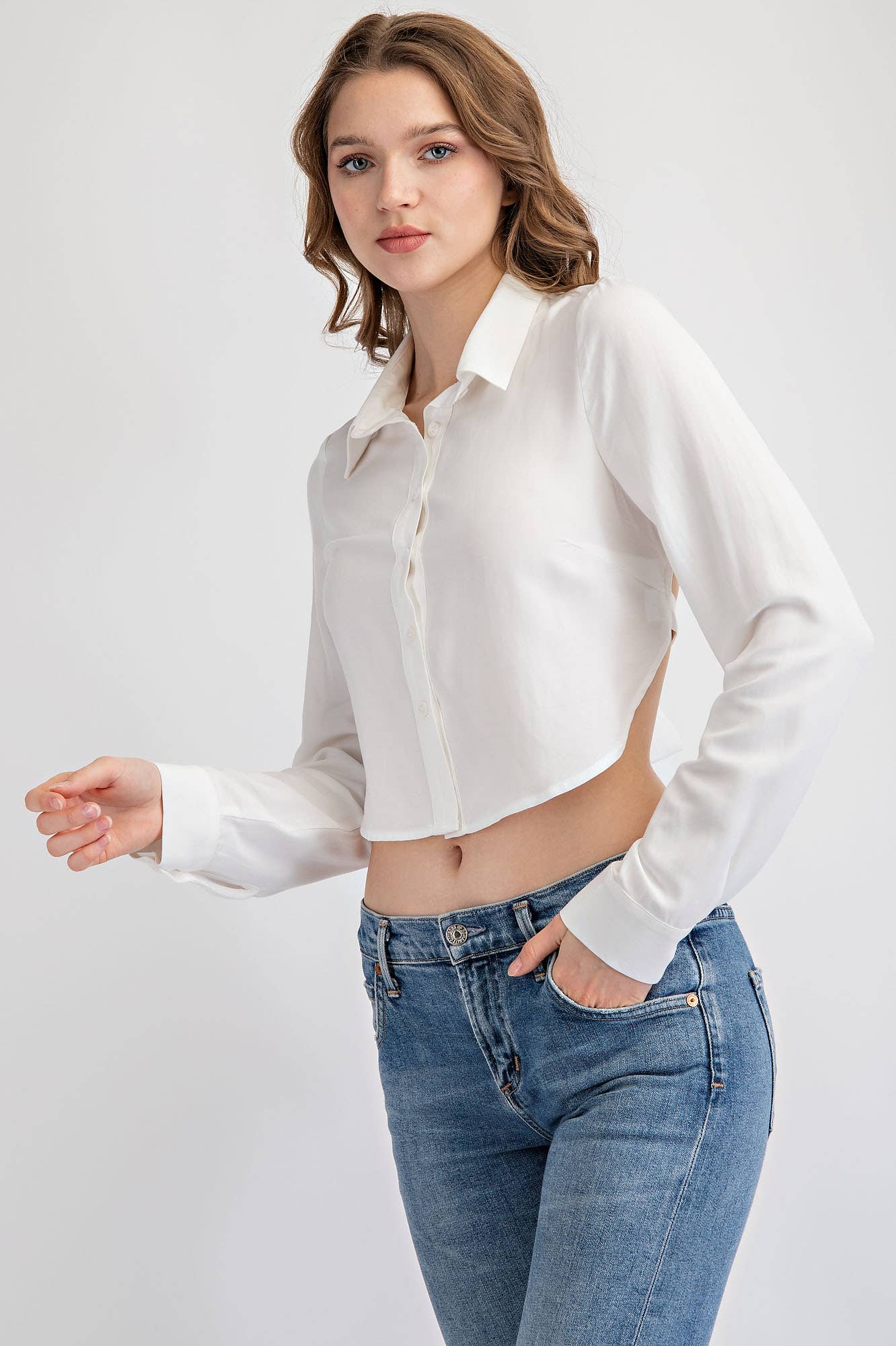 Button Down Crop Top With Open Back And Tie