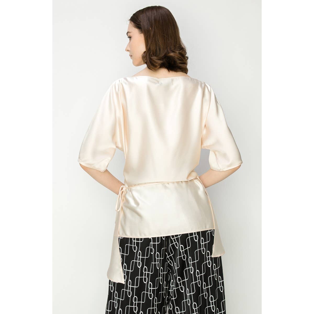 Satin Short Sleeve Side WrapTie Blouse