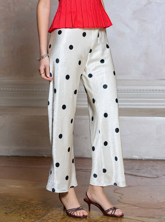 Current Air - Polka Dot Elastic Waist Full Length Pants - Oyster / S