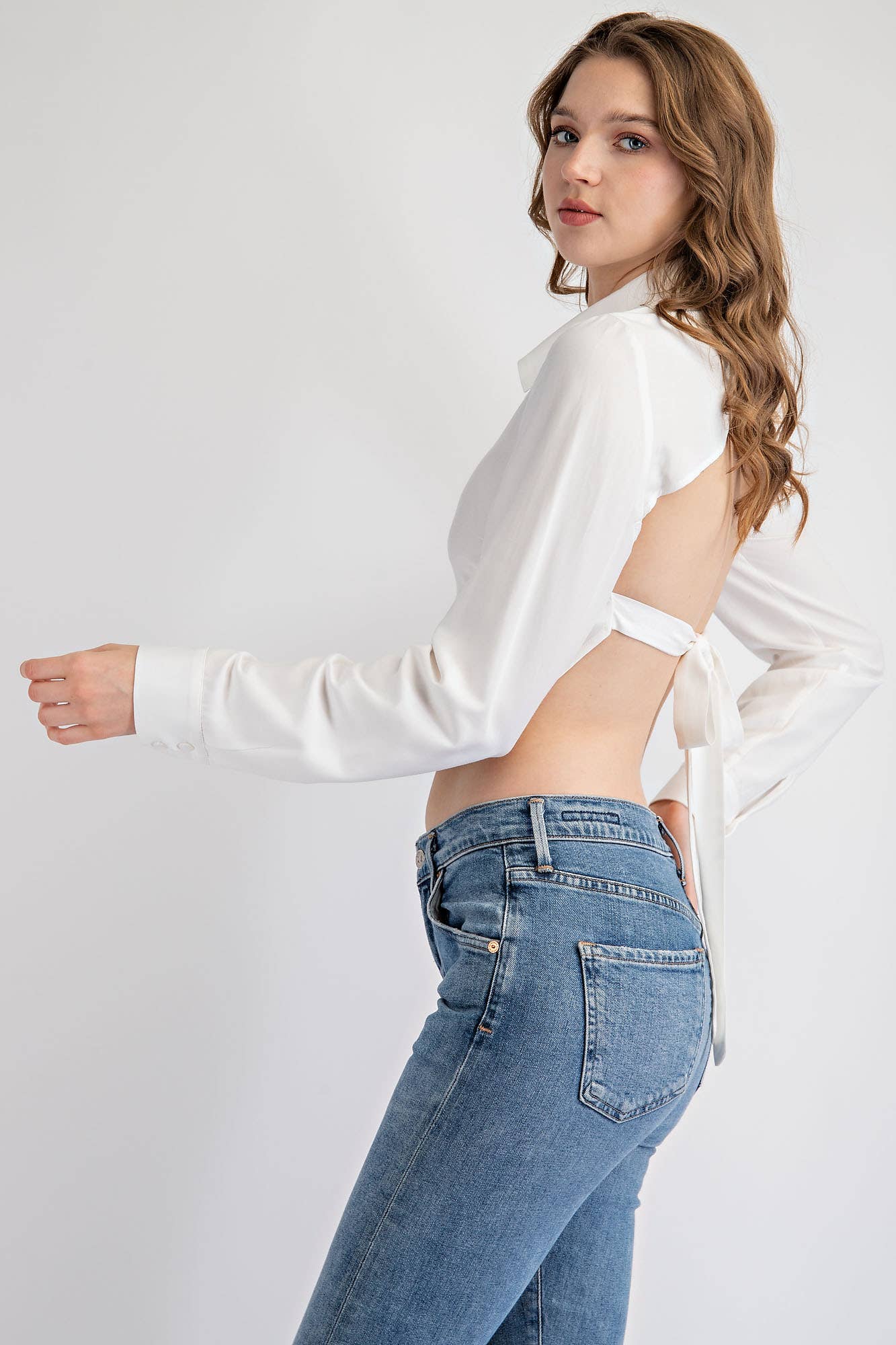 Button Down Crop Top With Open Back And Tie