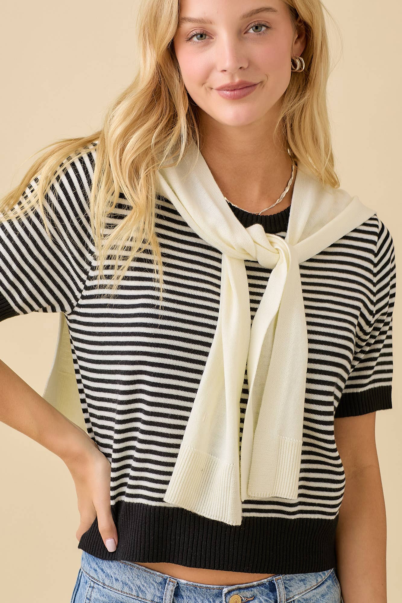 Main Strip - Sweater Shawl Wrap Set With Stripe Knit Top