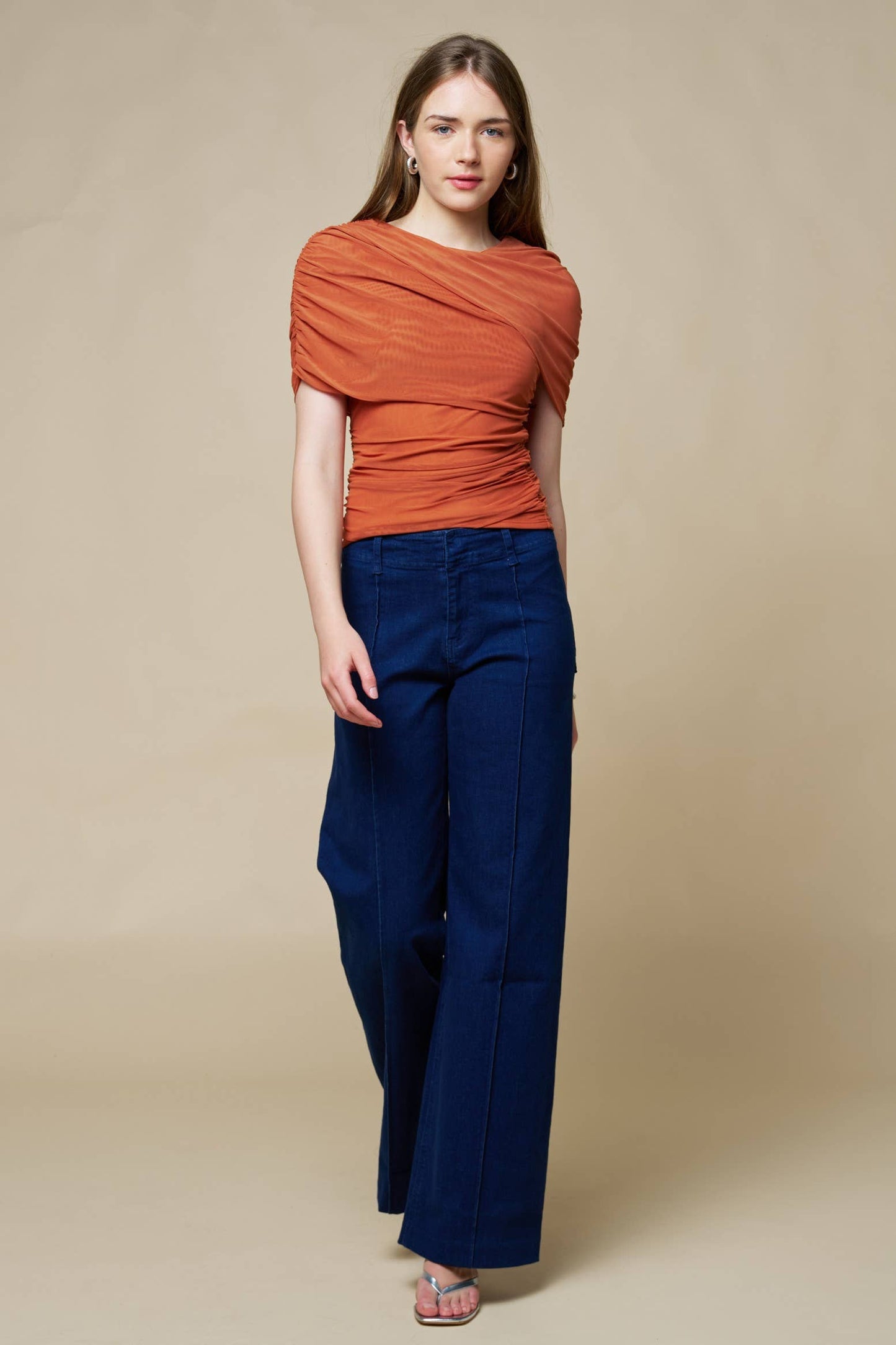 Lalavon - Asymmetrical Ruched Mesh Top  - CHAMBRAY / M