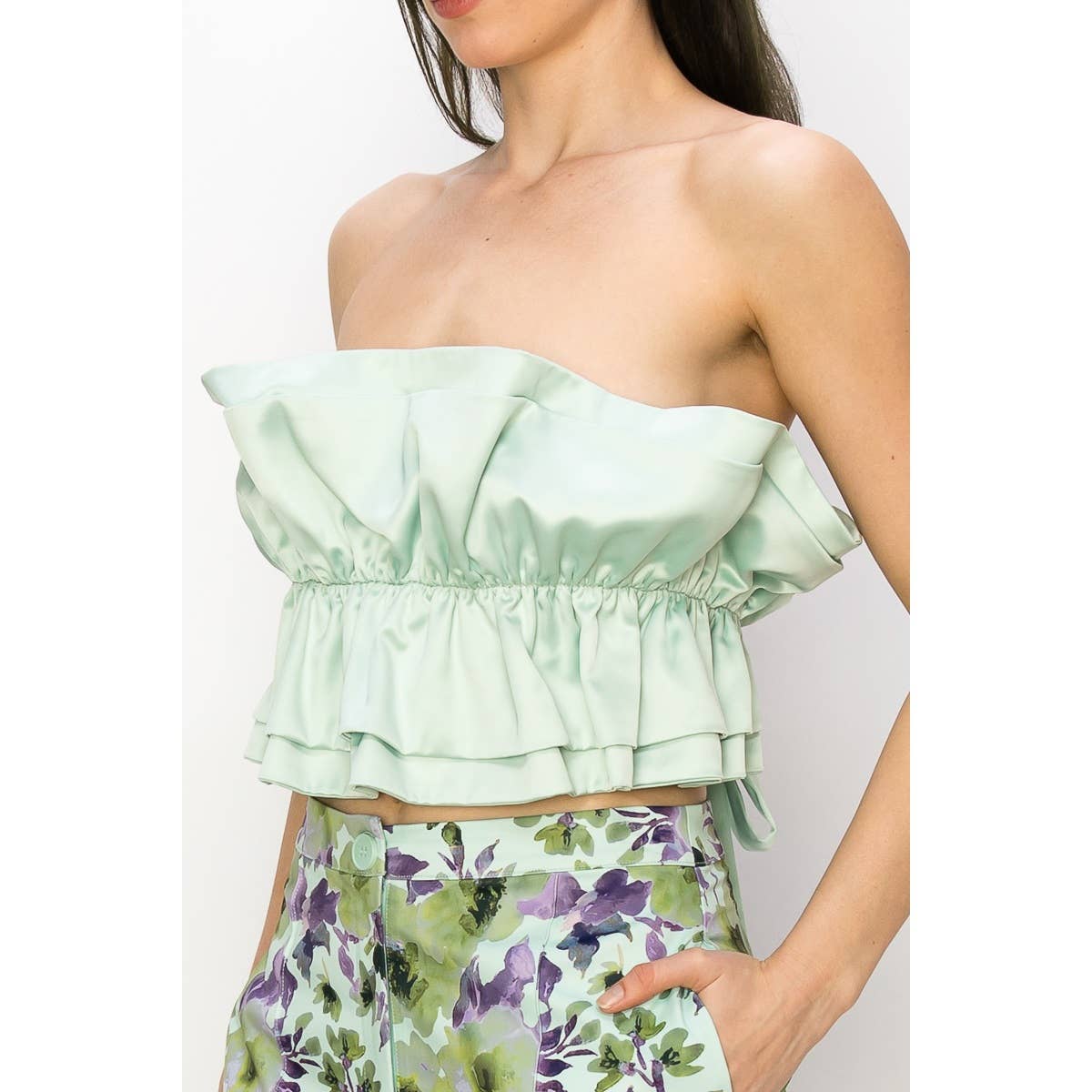 Satin two layers big ruffles strapless top