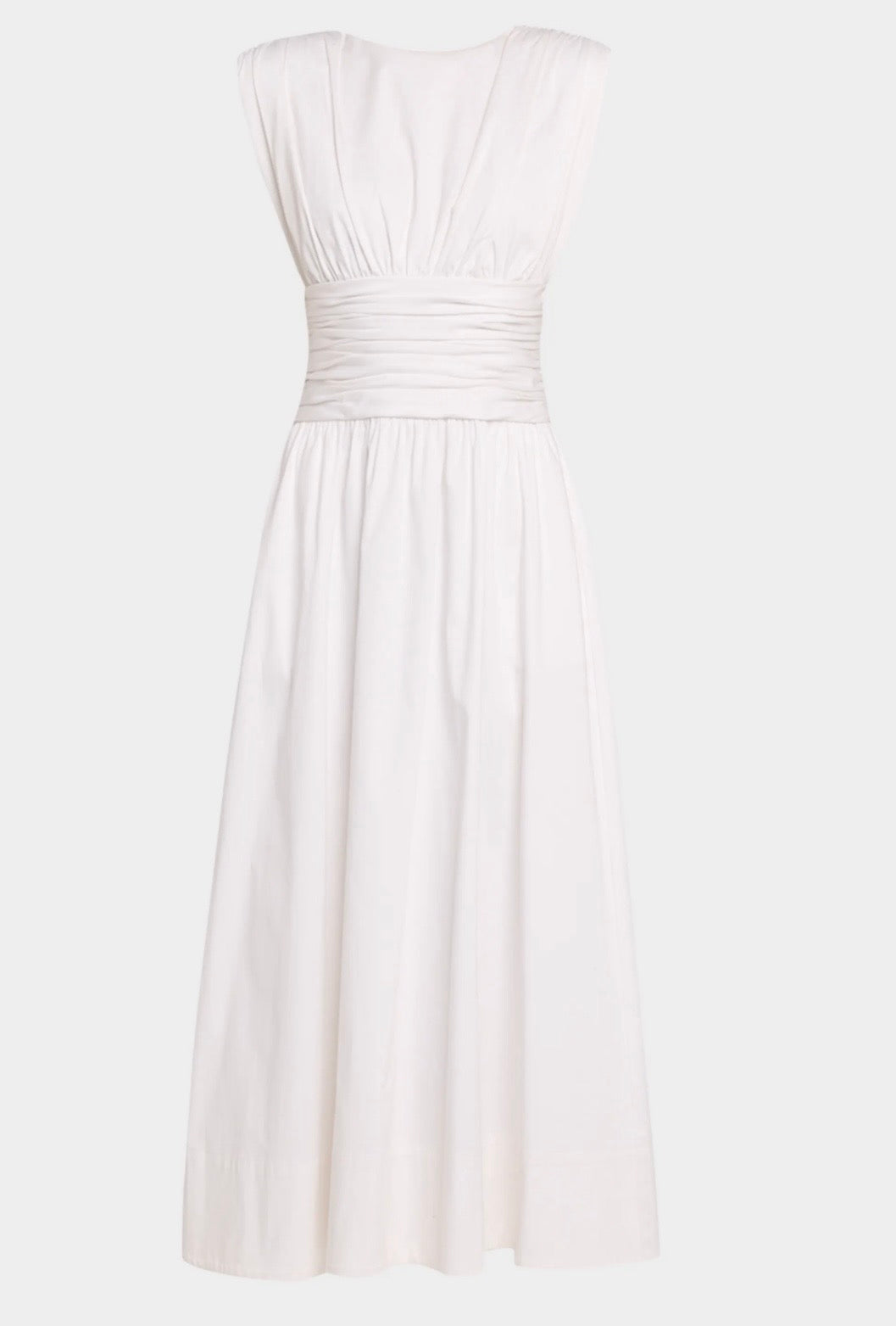 EVANGELINE STRONG SHOULDER RUCHED MIDI DRESS