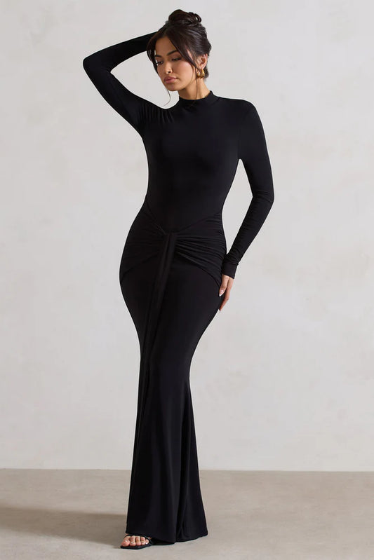 BLACK HIGH-NECK LONG SLEEVE KNOT MAXI DRESS