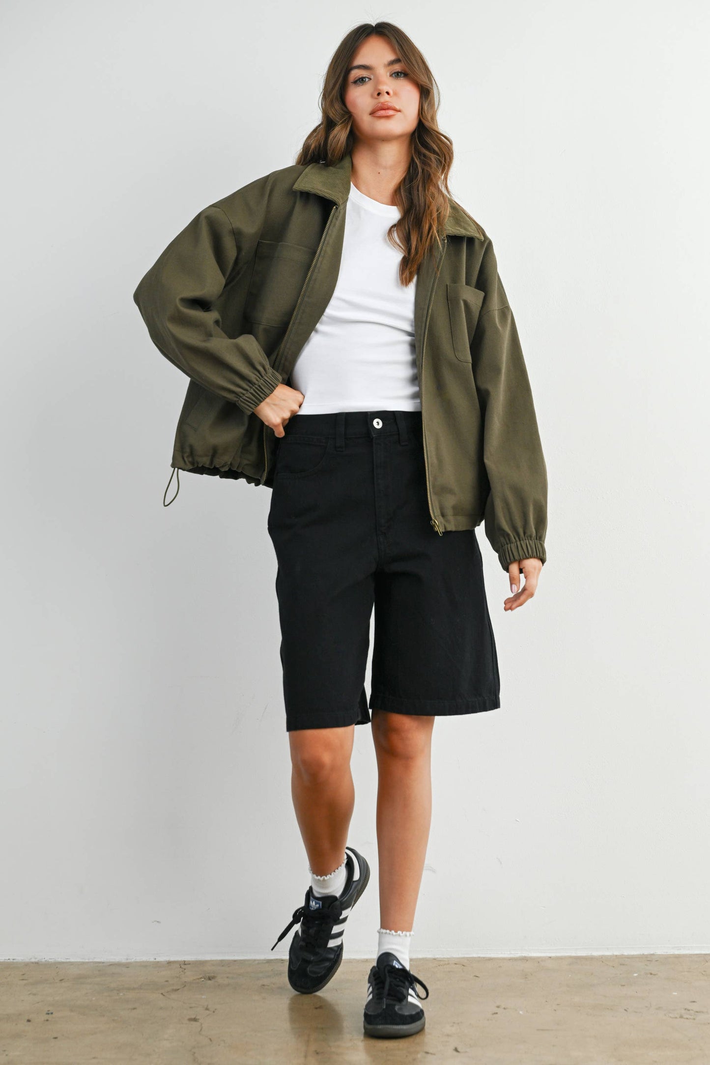 BUTTERMELON - Cord Collar Zip-Front Long Sleeve Jacket - BMJ7780 - KHAKI / M