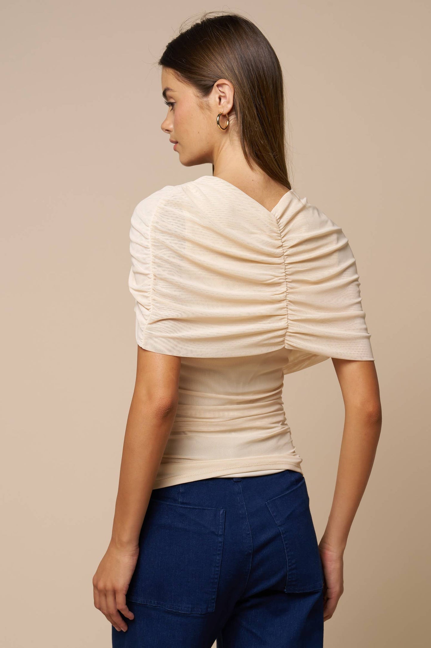 Lalavon - Asymmetrical Ruched Mesh Top  - CHAMBRAY / M