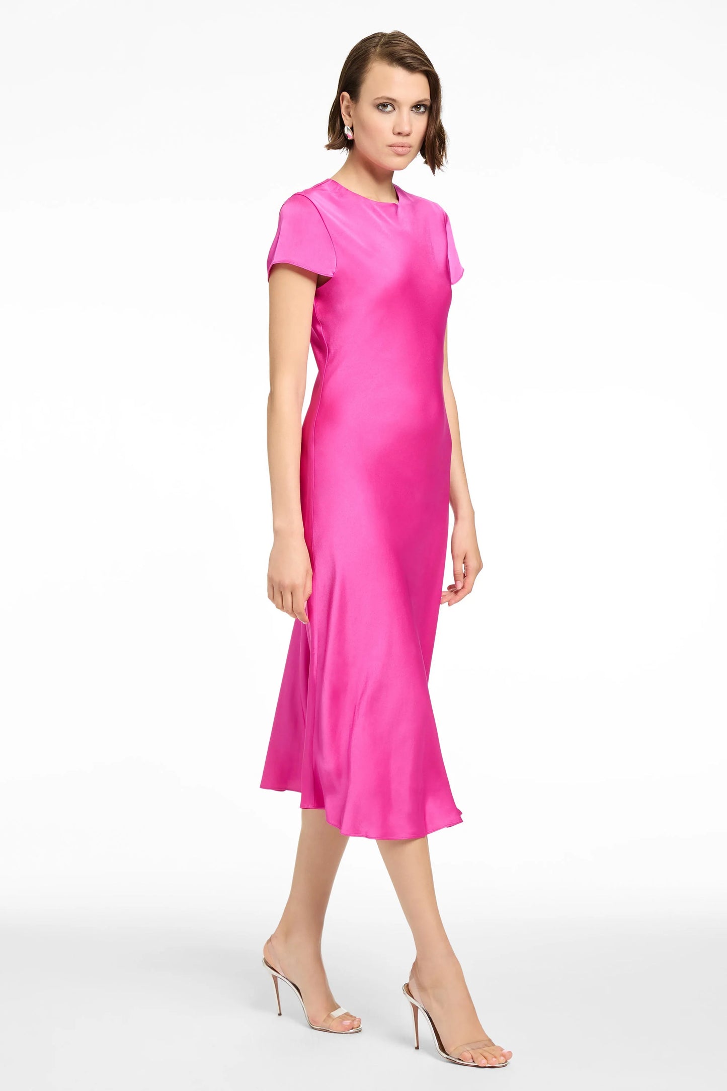 Luciana Short Sleeve Bias Silky Satin Slip Dress
