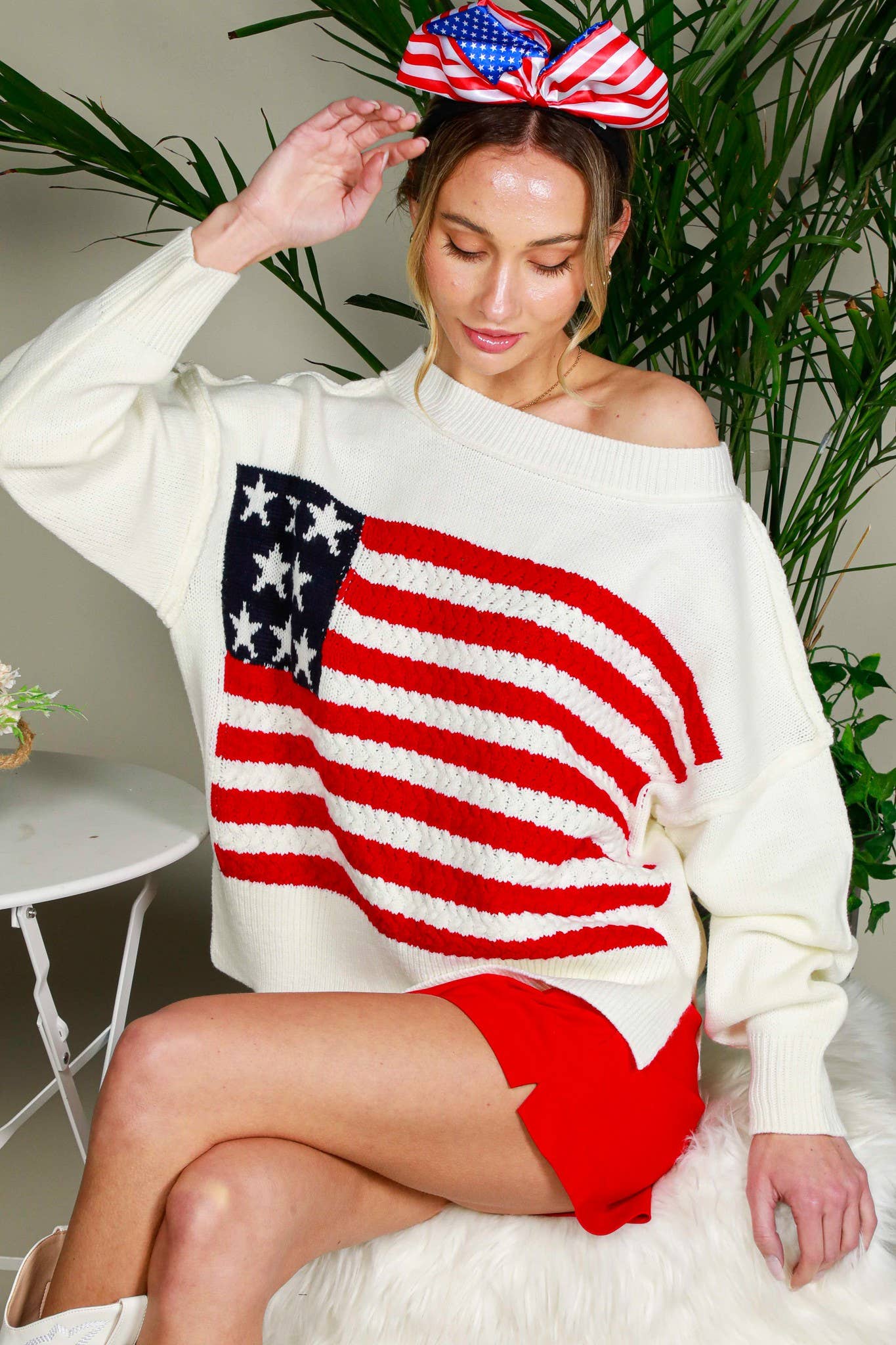 USA Flag Boat Neck Knit Sweater Top VT82059