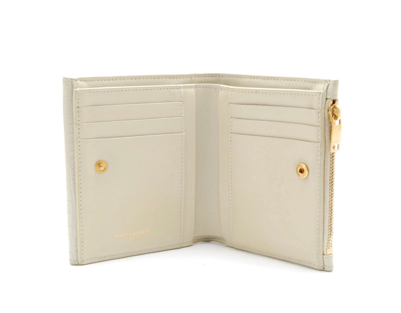 YSL Monogram Compact Wallet – Croc-Embossed Leather in Cream with Gold Hardware