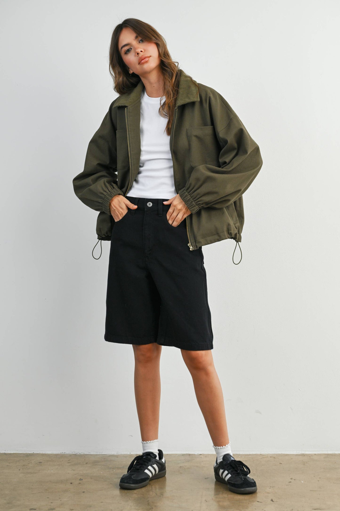 BUTTERMELON - Cord Collar Zip-Front Long Sleeve Jacket - BMJ7780 - KHAKI / S