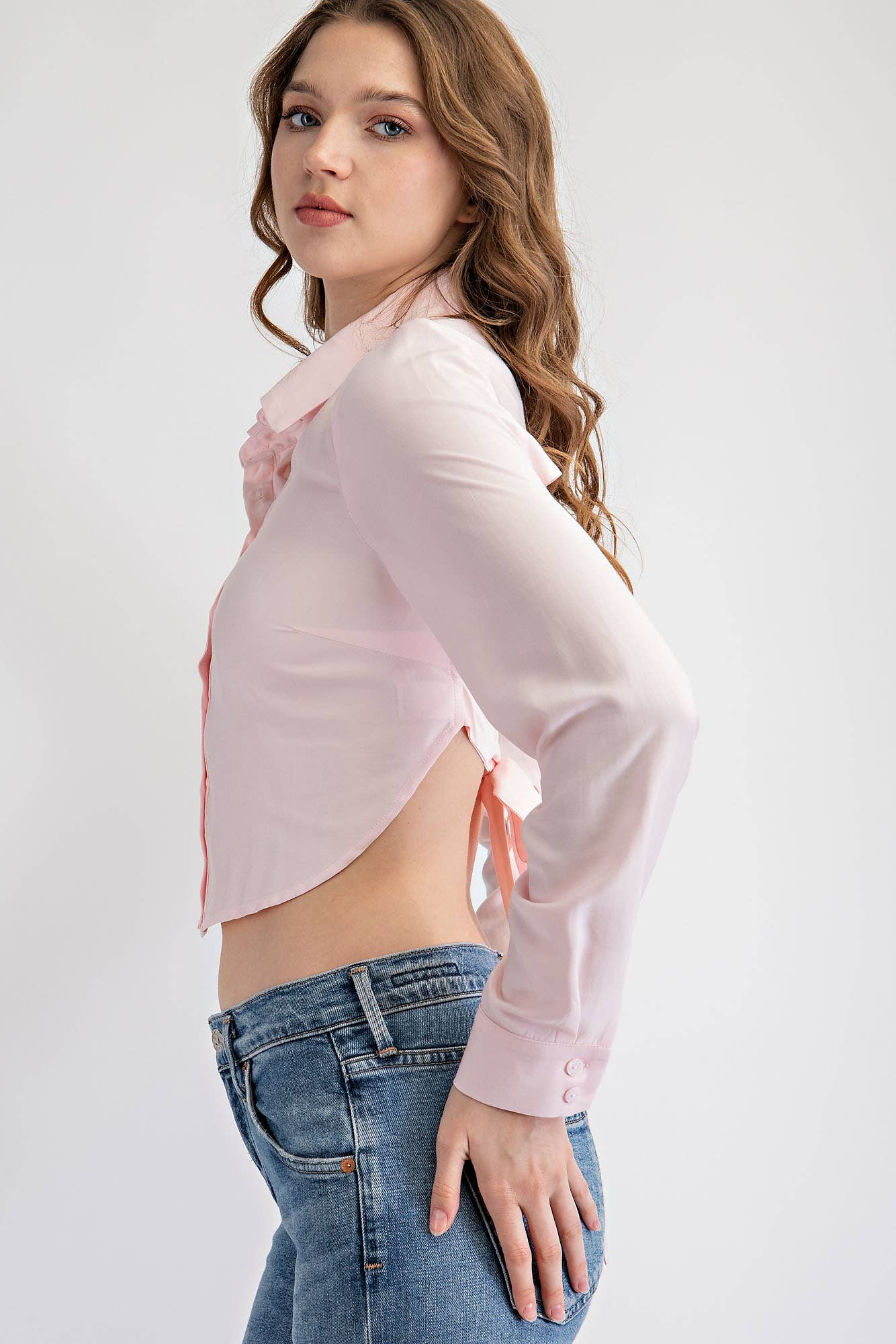Button Down Crop Top With Open Back And Tie
