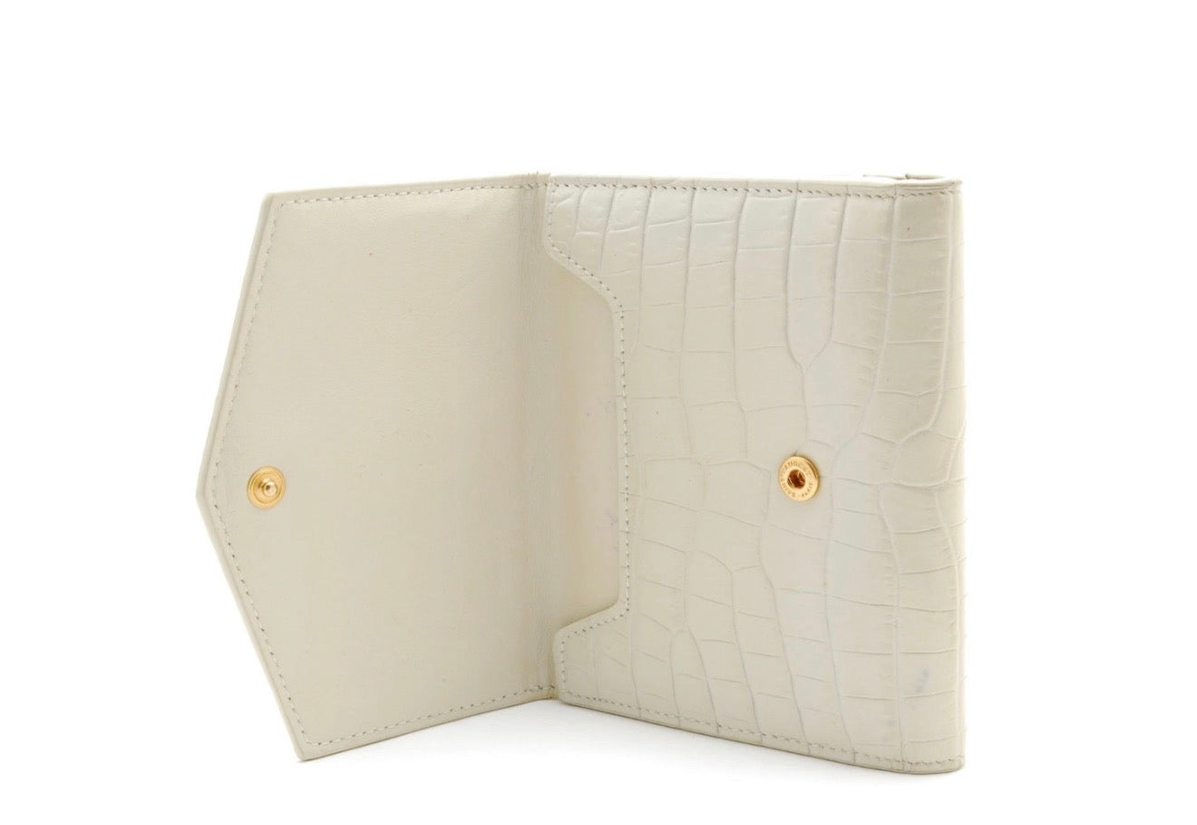 YSL Monogram Compact Wallet – Croc-Embossed Leather in Cream with Gold Hardware