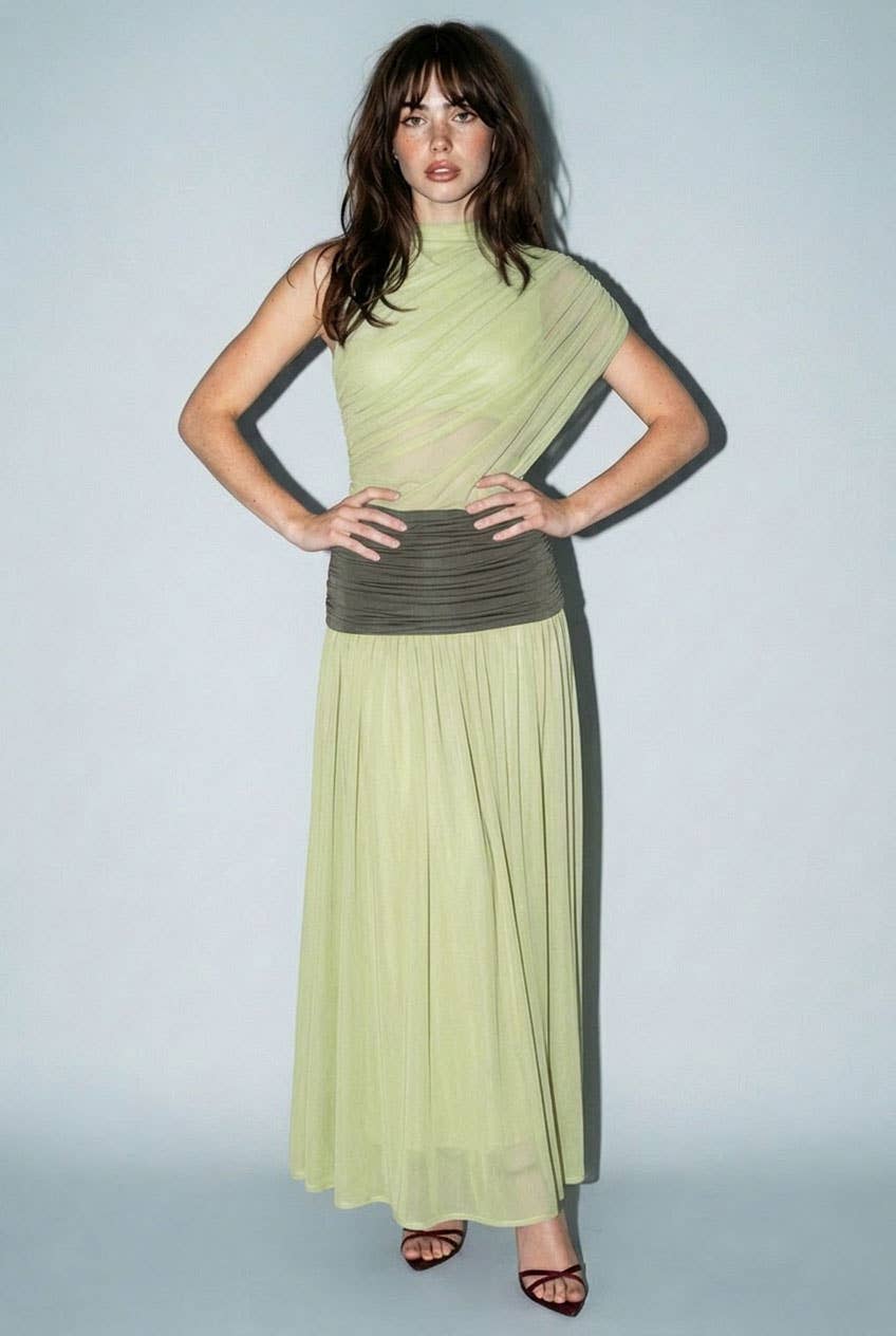 SKYLAR ROSE - Colorblock Mesh Maxi Dress with Contrast Waist - LIME / L