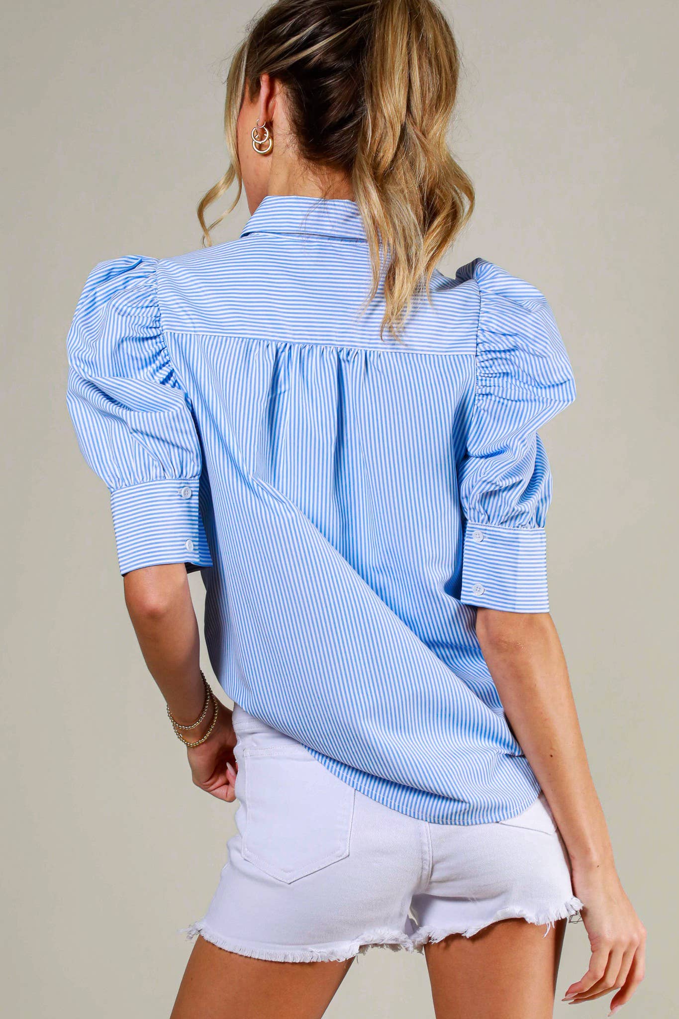 Collared Neckline Puff Sleeve Stripe Print Blouse Top