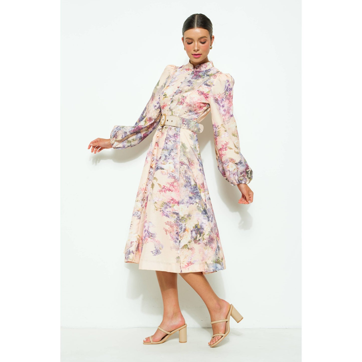 Long Sleeves Floral Print Belted-Waist Midi Dressy