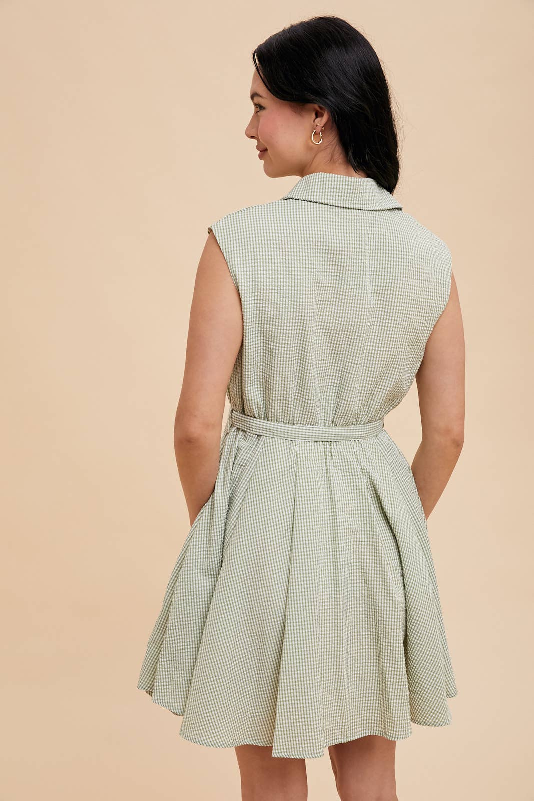 SEERSUCKER SLEEVELESS LAPEL MINI DRESS
