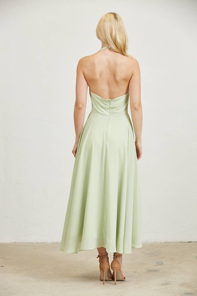 Plunge Neckline Halter Flare Chiffon Midi Dress