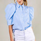 Collared Neckline Puff Sleeve Stripe Print Blouse Top