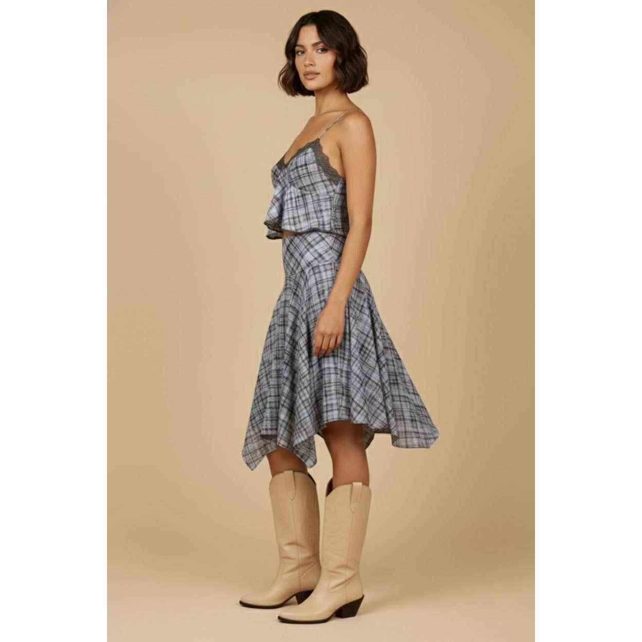 SKYLAR ROSE - Plaid Lace Trim Top and Midi Skirt Set - BLUE COMBO / L