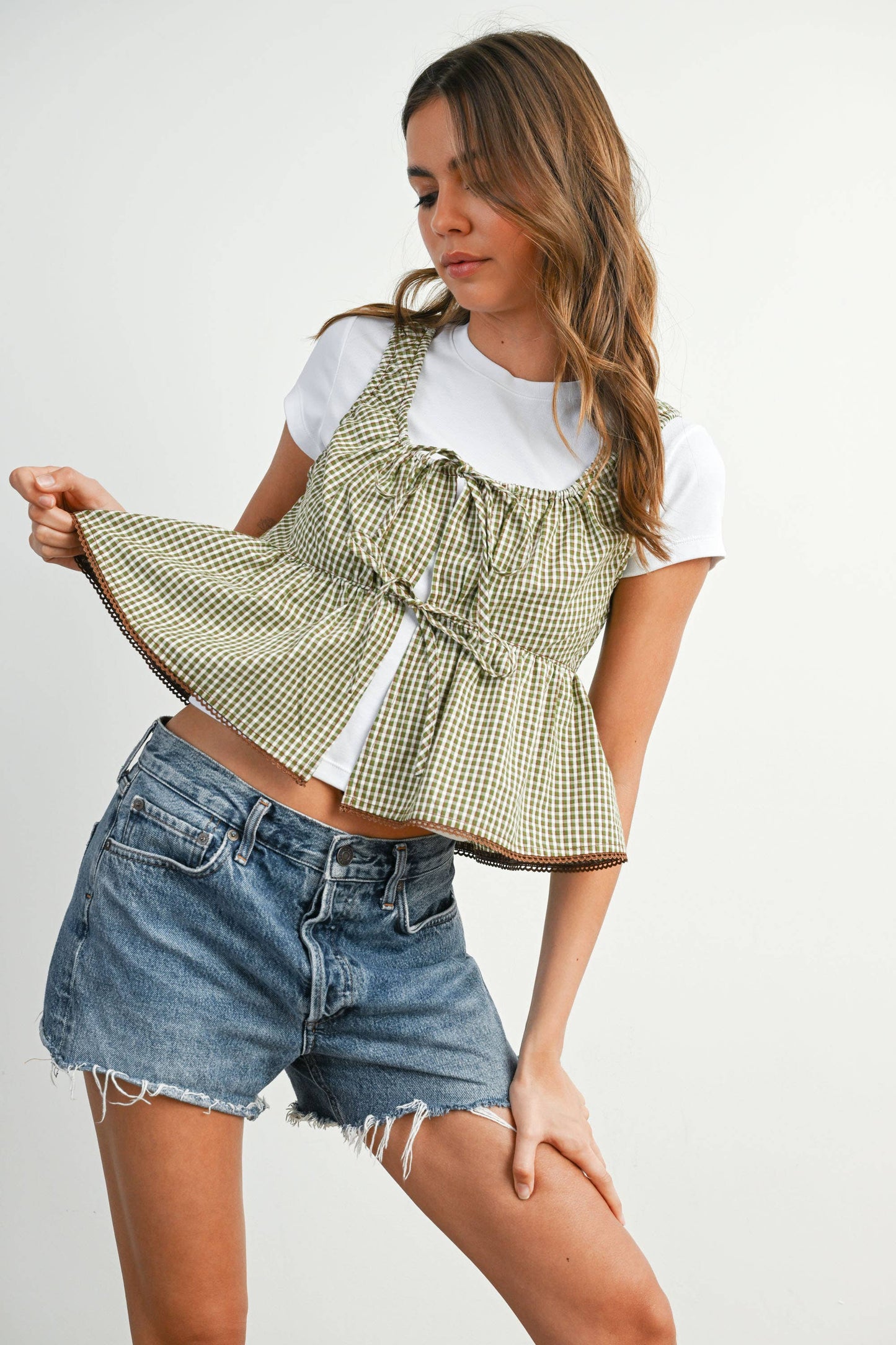 BUTTERMELON - Tie-Front Sleeveless Peplum Top - BMT7875 - BROWN MULTI / S