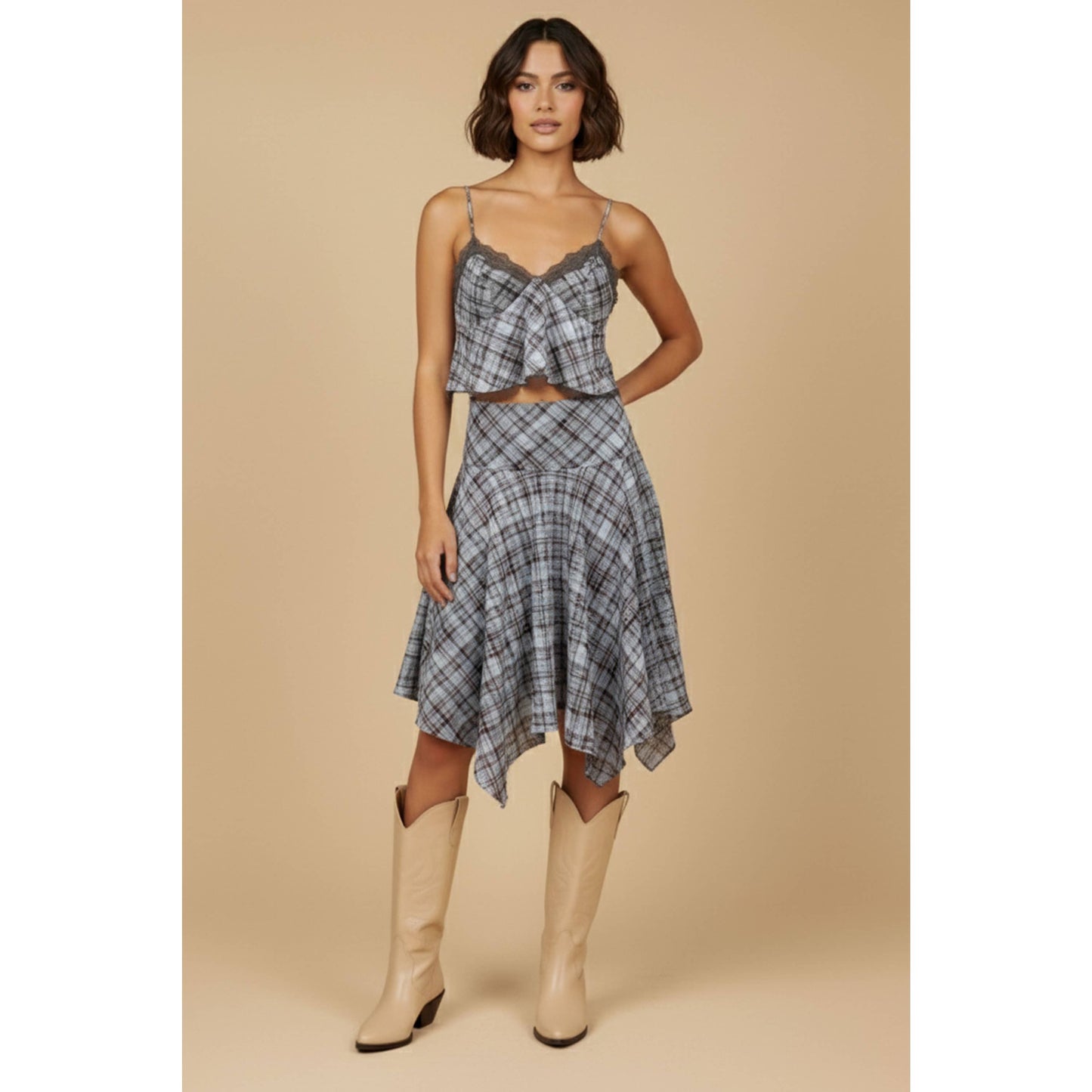 SKYLAR ROSE - Plaid Lace Trim Top and Midi Skirt Set - BLUE COMBO / M