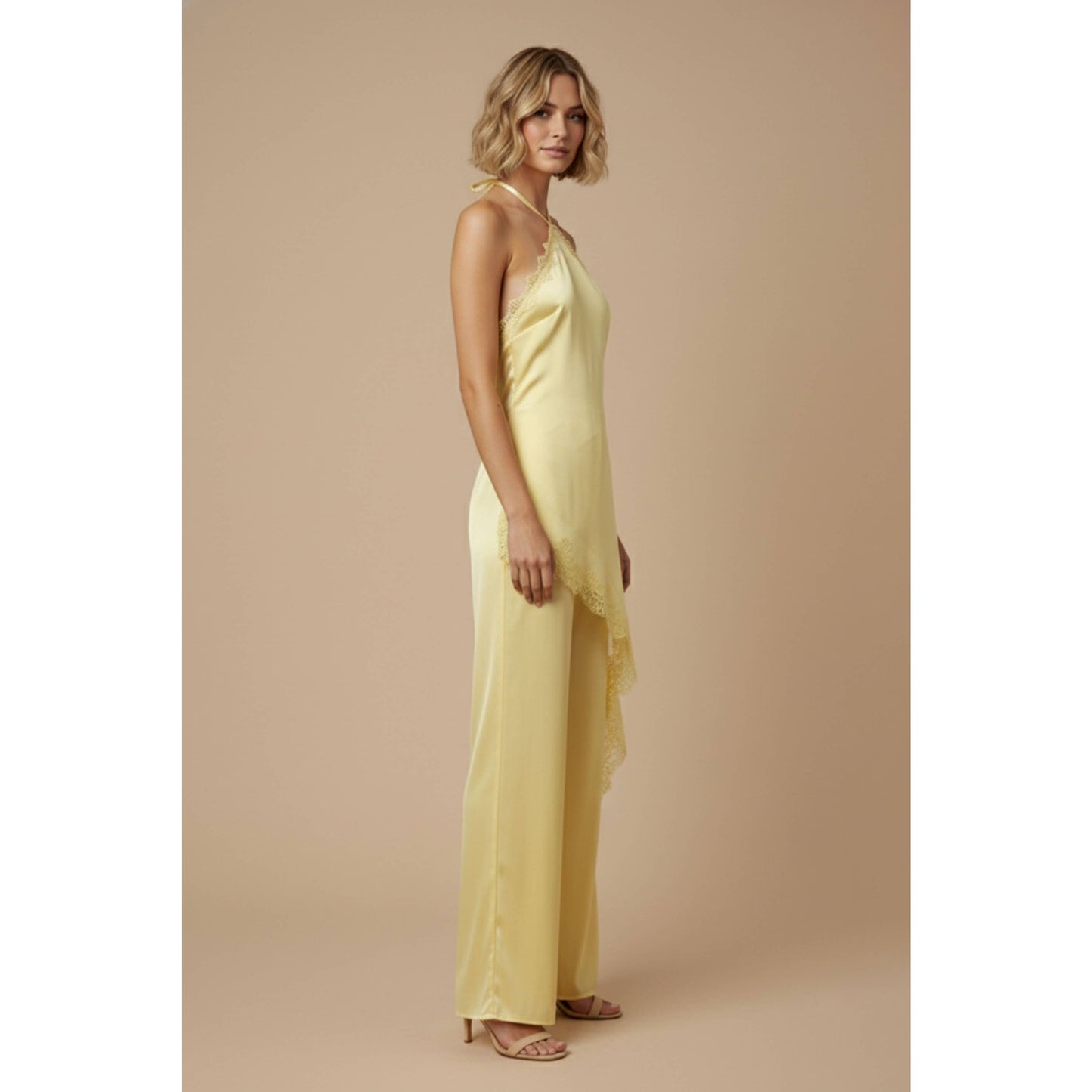 SKYLAR ROSE - Satin Lace Halter Jumpsuit - LIGHT BLUE / M