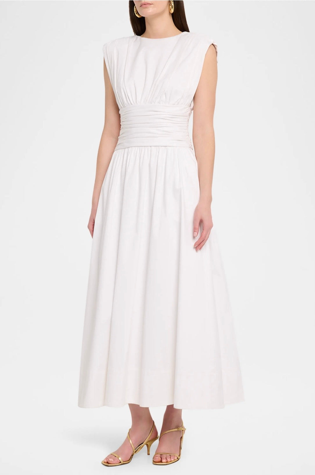 EVANGELINE STRONG SHOULDER RUCHED MIDI DRESS