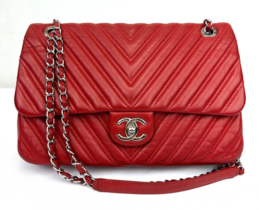 Chanel Classic Double Flap Bag – Red Quilted Lambskin with Silver Hardware