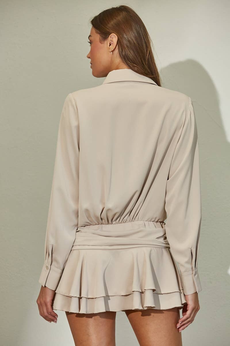 Tiered Ruffle Hem Flowy Woven Shirt Dress