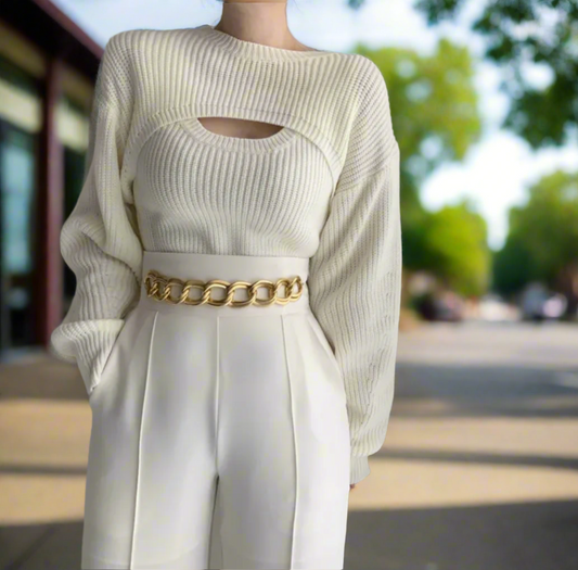 Two piece Set Knit Vest & Long Sleeve Smock Crop Top