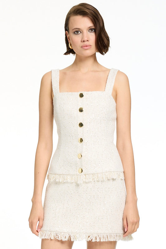 Beau Sleeveless Button-Front Top with Fringe