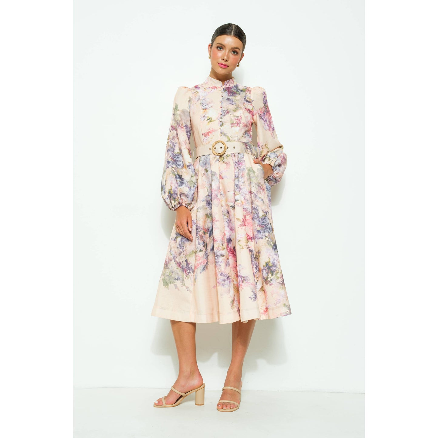 Long Sleeves Floral Print Belted-Waist Midi Dressy